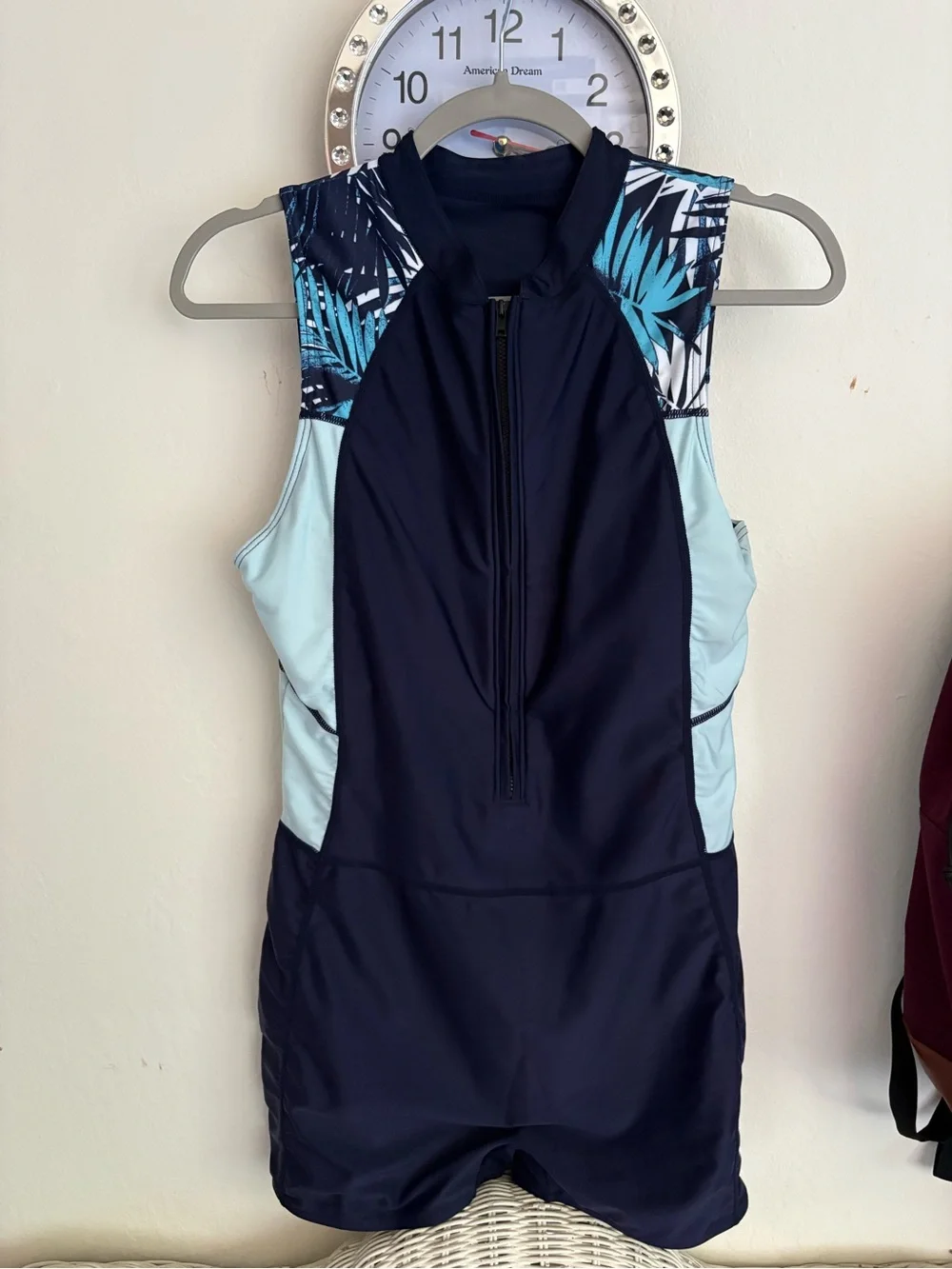 Women's Navy and Light Blue Front-Zip One-Piece Swim Romper